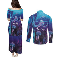 Polynesia Jellyfish Memorial Personalised Couples Matching Puletasi and Long Sleeve Button Shirt Infinity Jellies Polynesian Pattern