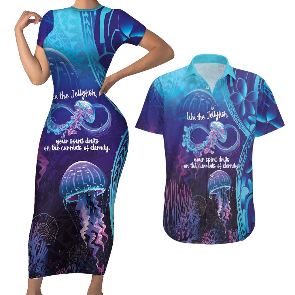 Polynesia Jellyfish Memorial Personalised Couples Matching Short Sleeve Bodycon Dress and Hawaiian Shirt Infinity Jellies Polynesian Pattern