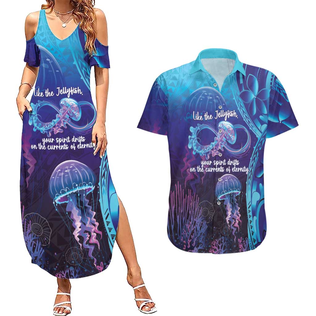 Polynesia Jellyfish Memorial Personalised Couples Matching Summer Maxi Dress and Hawaiian Shirt Infinity Jellies Polynesian Pattern