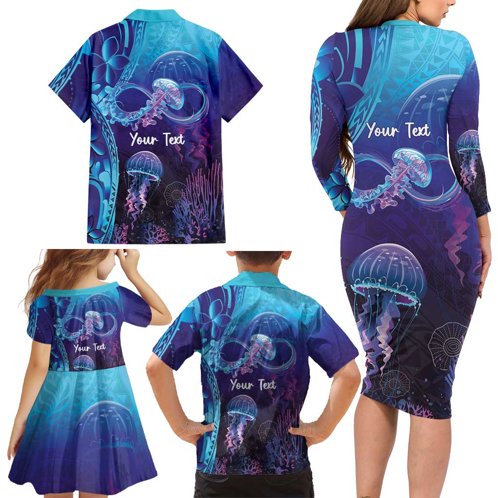 Polynesia Jellyfish Memorial Personalised Family Matching Long Sleeve Bodycon Dress and Hawaiian Shirt Infinity Jellies Polynesian Pattern