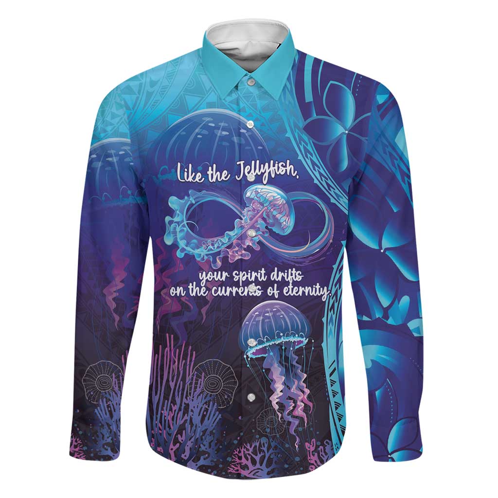 Polynesia Jellyfish Memorial Personalised Family Matching Puletasi and Hawaiian Shirt Infinity Jellies Polynesian Pattern LT14 Dad's Shirt - Long Sleeve Purple - Polynesian Pride