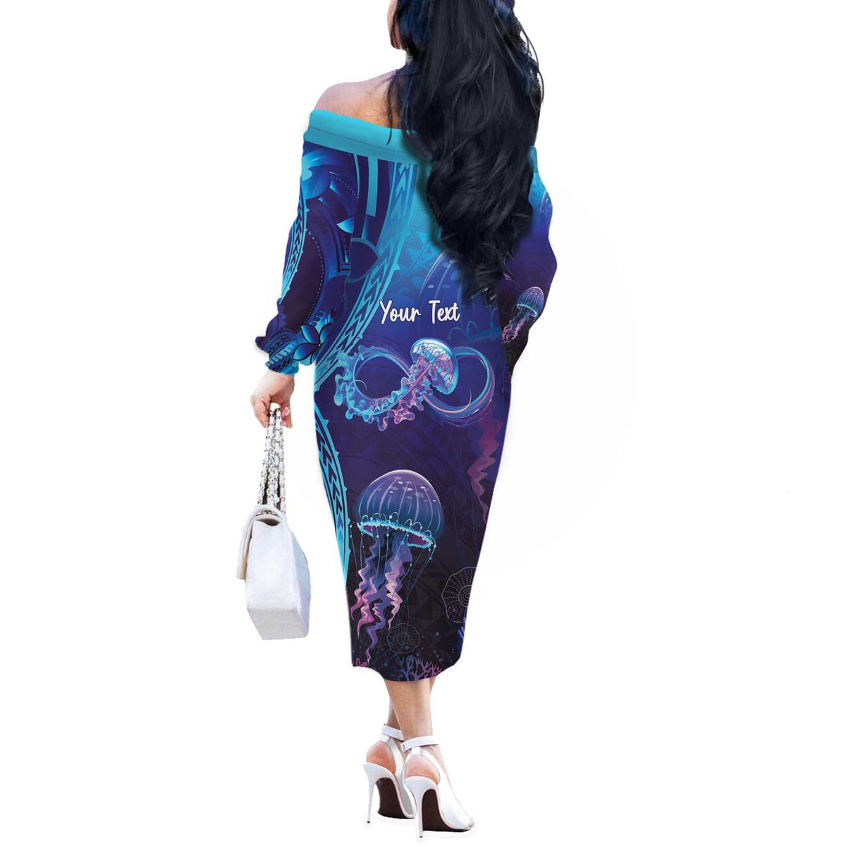 Polynesia Jellyfish Memorial Personalised Off The Shoulder Long Sleeve Dress Infinity Jellies Polynesian Pattern