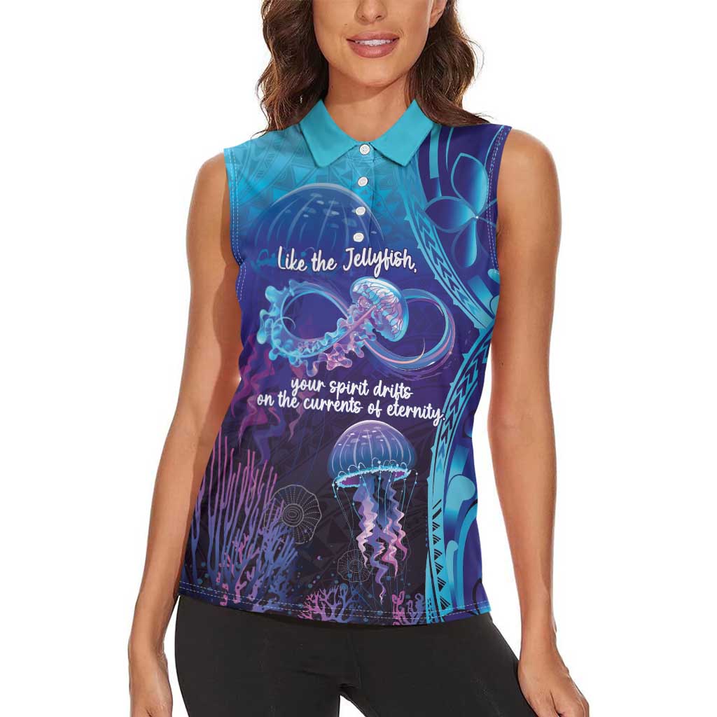 Polynesia Jellyfish Memorial Personalised Women Sleeveless Polo Shirt Infinity Jellies Polynesian Pattern