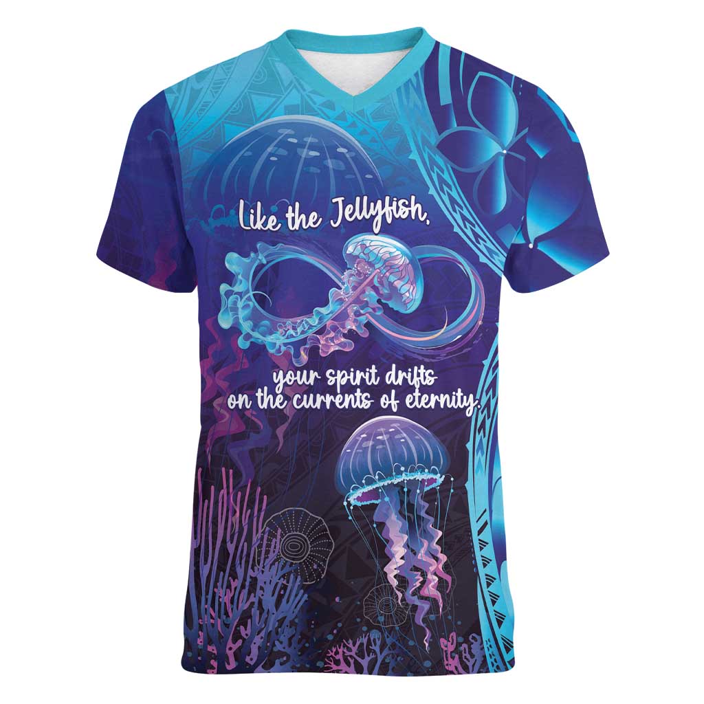 Polynesia Jellyfish Memorial Personalised Women V-Neck T-Shirt Infinity Jellies Polynesian Pattern LT14 Female Purple - Polynesian Pride