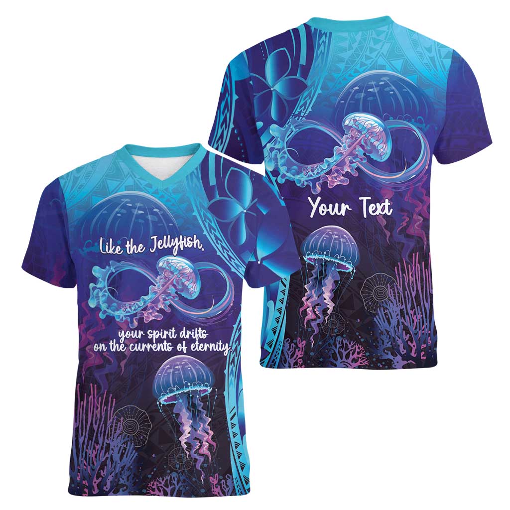 Polynesia Jellyfish Memorial Personalised Women V-Neck T-Shirt Infinity Jellies Polynesian Pattern LT14 - Polynesian Pride