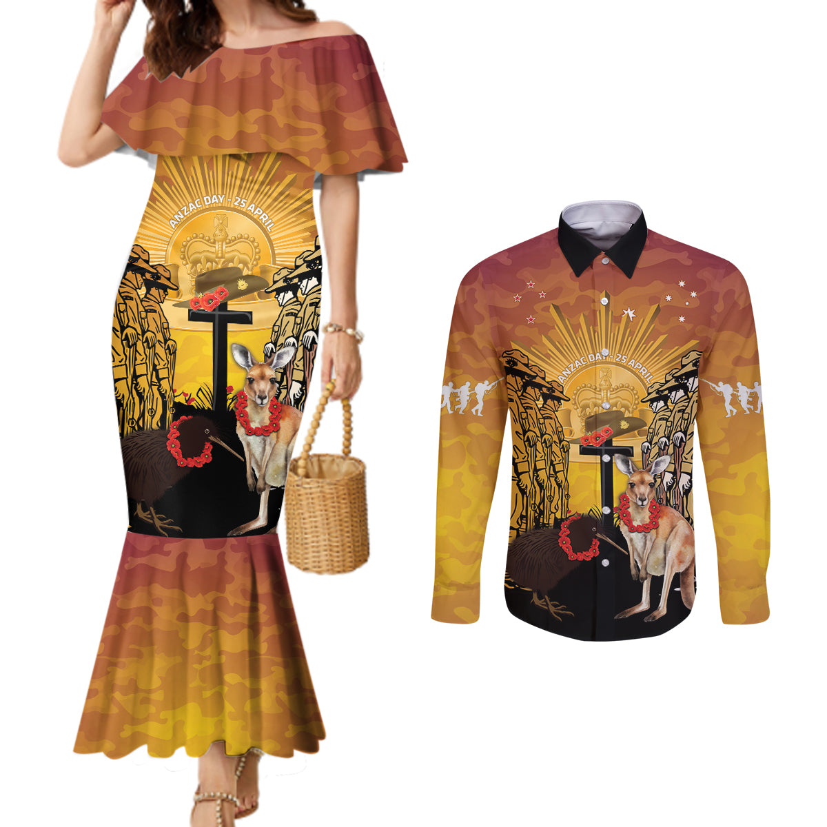 Australia And New Zealand ANZAC Couples Matching Mermaid Dress and Long Sleeve Button Shirt Aussie Kangaroo With Aotearoa Kiwi Lest We Forget