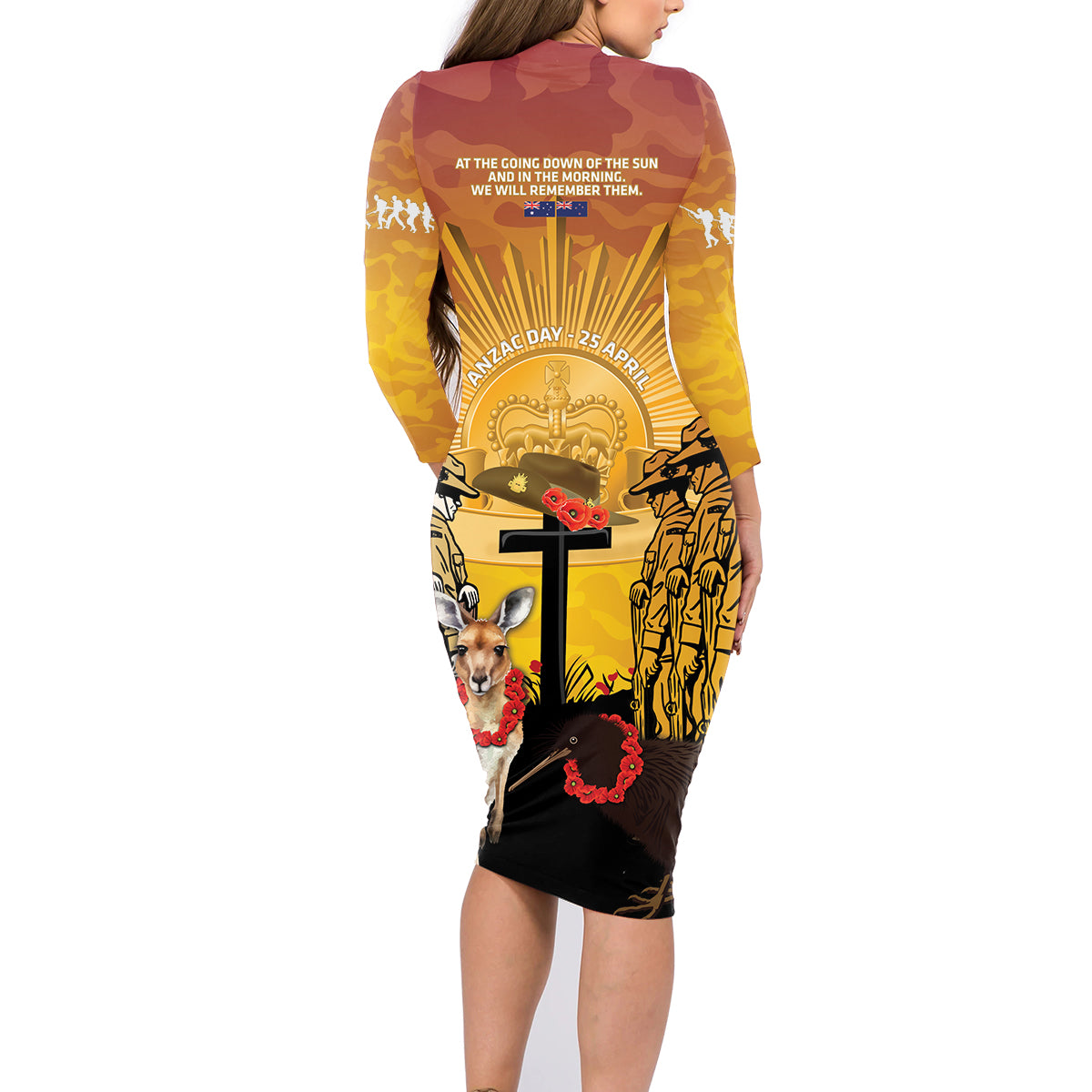 Australia And New Zealand ANZAC Family Matching Long Sleeve Bodycon Dress and Hawaiian Shirt Aussie Kangaroo With Aotearoa Kiwi Lest We Forget