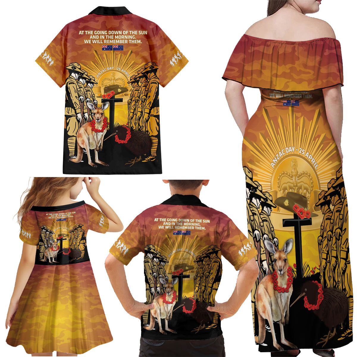 Australia And New Zealand ANZAC Family Matching Off Shoulder Maxi Dress and Hawaiian Shirt Aussie Kangaroo With Aotearoa Kiwi Lest We Forget