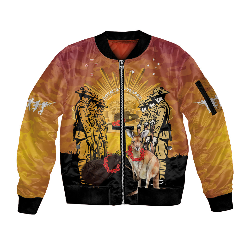 Australia And New Zealand ANZAC Sleeve Zip Bomber Jacket Aussie Kangaroo With Aotearoa Kiwi Lest We Forget