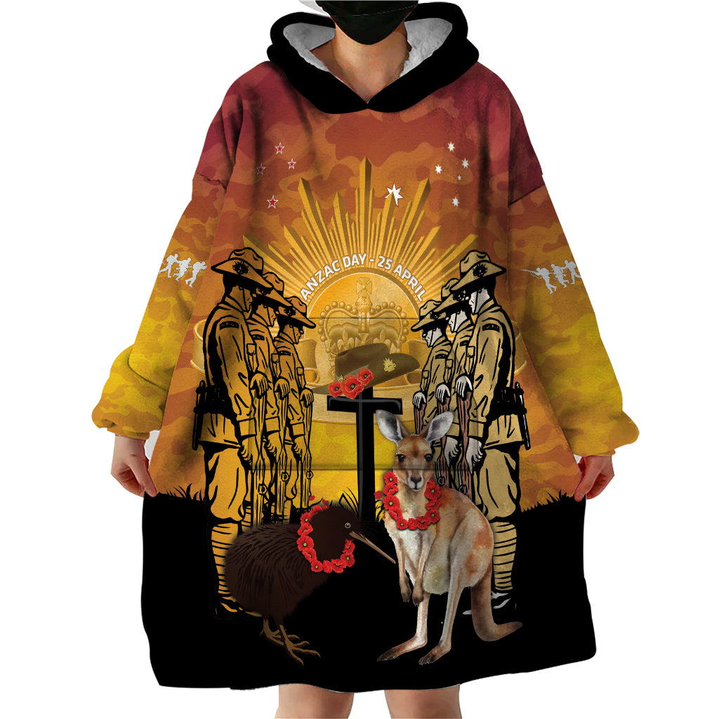 Australia And New Zealand ANZAC Wearable Blanket Hoodie Aussie Kangaroo With Aotearoa Kiwi Lest We Forget
