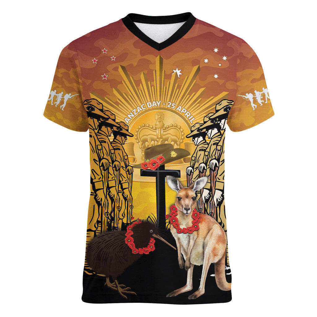Australia And New Zealand ANZAC Women V-Neck T-Shirt Aussie Kangaroo With Aotearoa Kiwi Lest We Forget