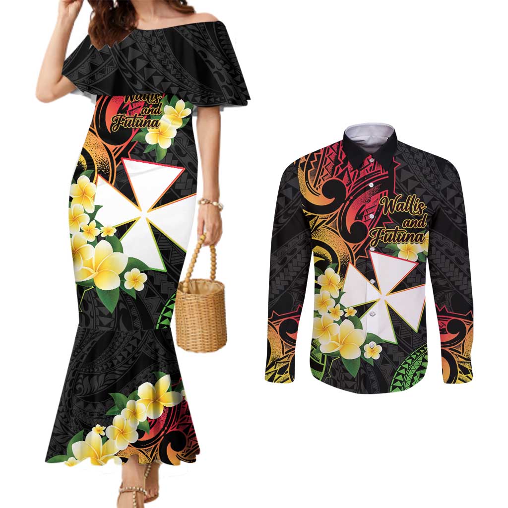 Wallis and Futuna Victory Day Couples Matching Mermaid Dress and Long Sleeve Button Shirt Liberty Equality Fraternity Polynesian Plumeria