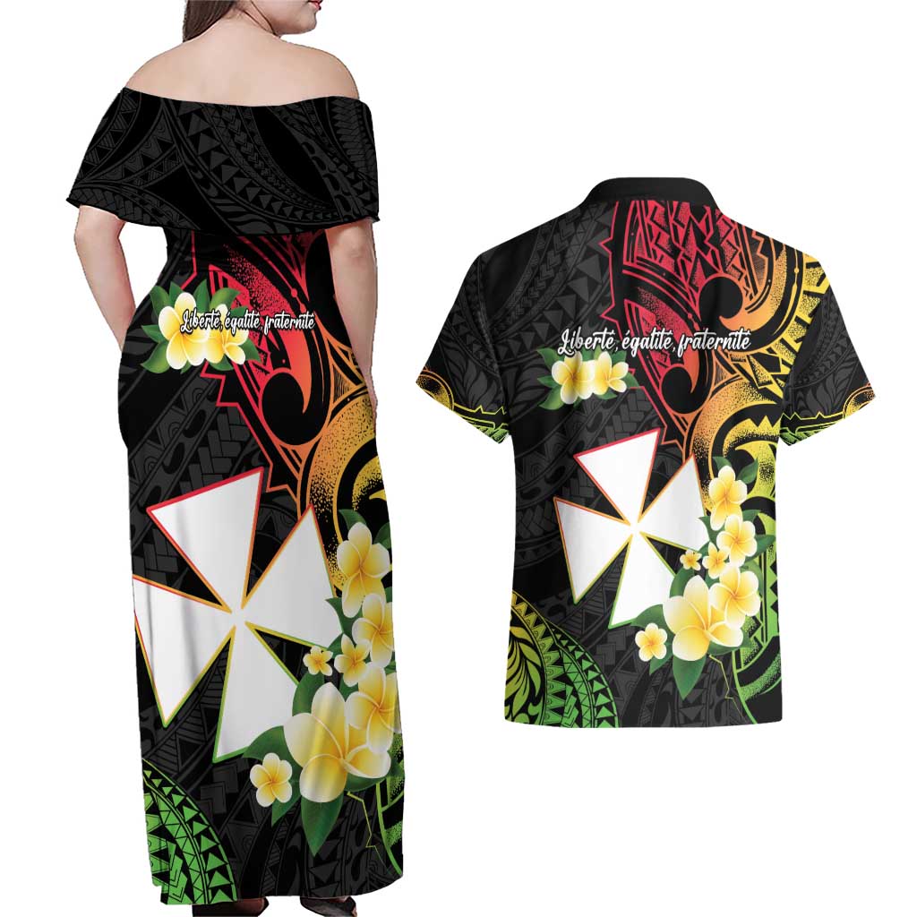 Wallis and Futuna Victory Day Couples Matching Off Shoulder Maxi Dress and Hawaiian Shirt Liberty Equality Fraternity Polynesian Plumeria