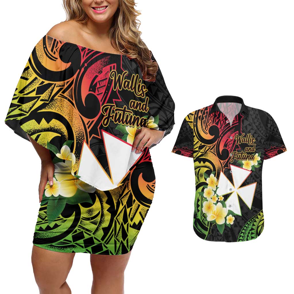 Wallis and Futuna Victory Day Couples Matching Off Shoulder Short Dress and Hawaiian Shirt Liberty Equality Fraternity Polynesian Plumeria