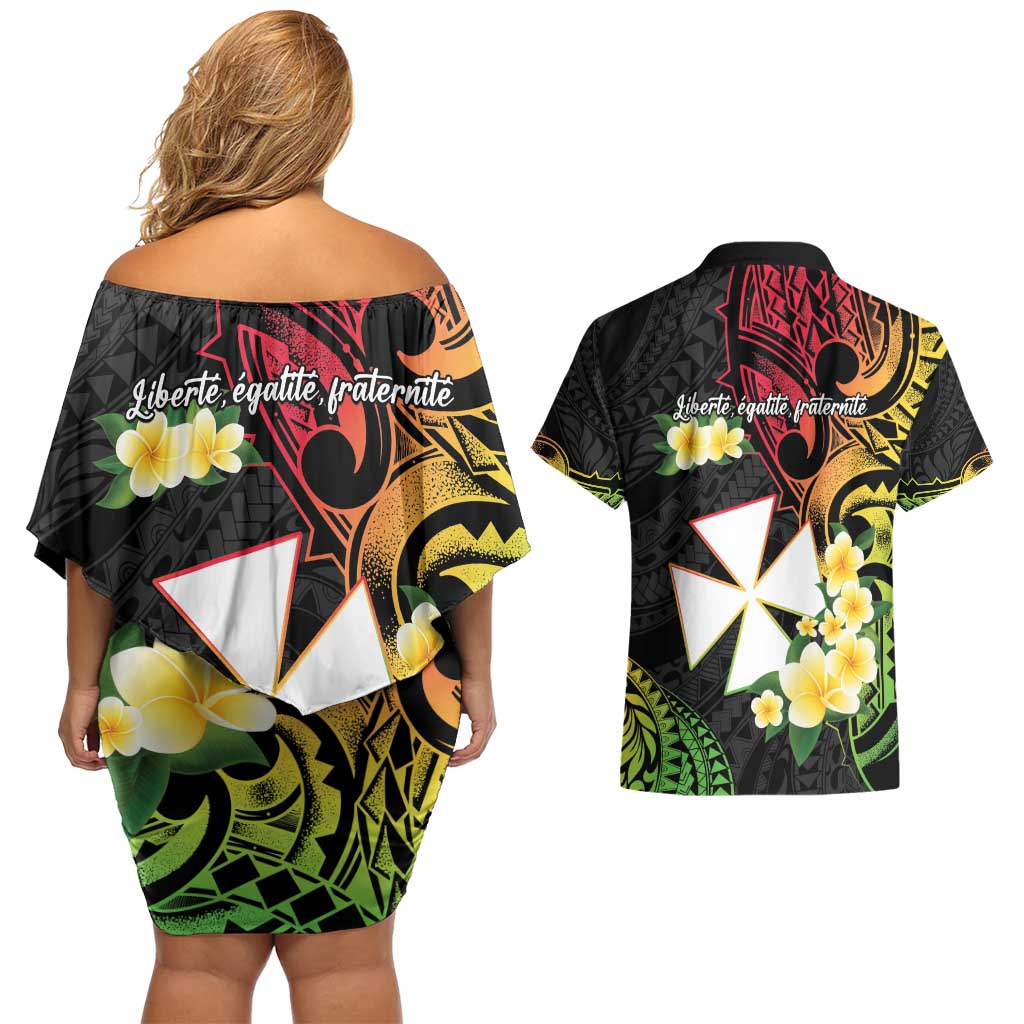 Wallis and Futuna Victory Day Couples Matching Off Shoulder Short Dress and Hawaiian Shirt Liberty Equality Fraternity Polynesian Plumeria