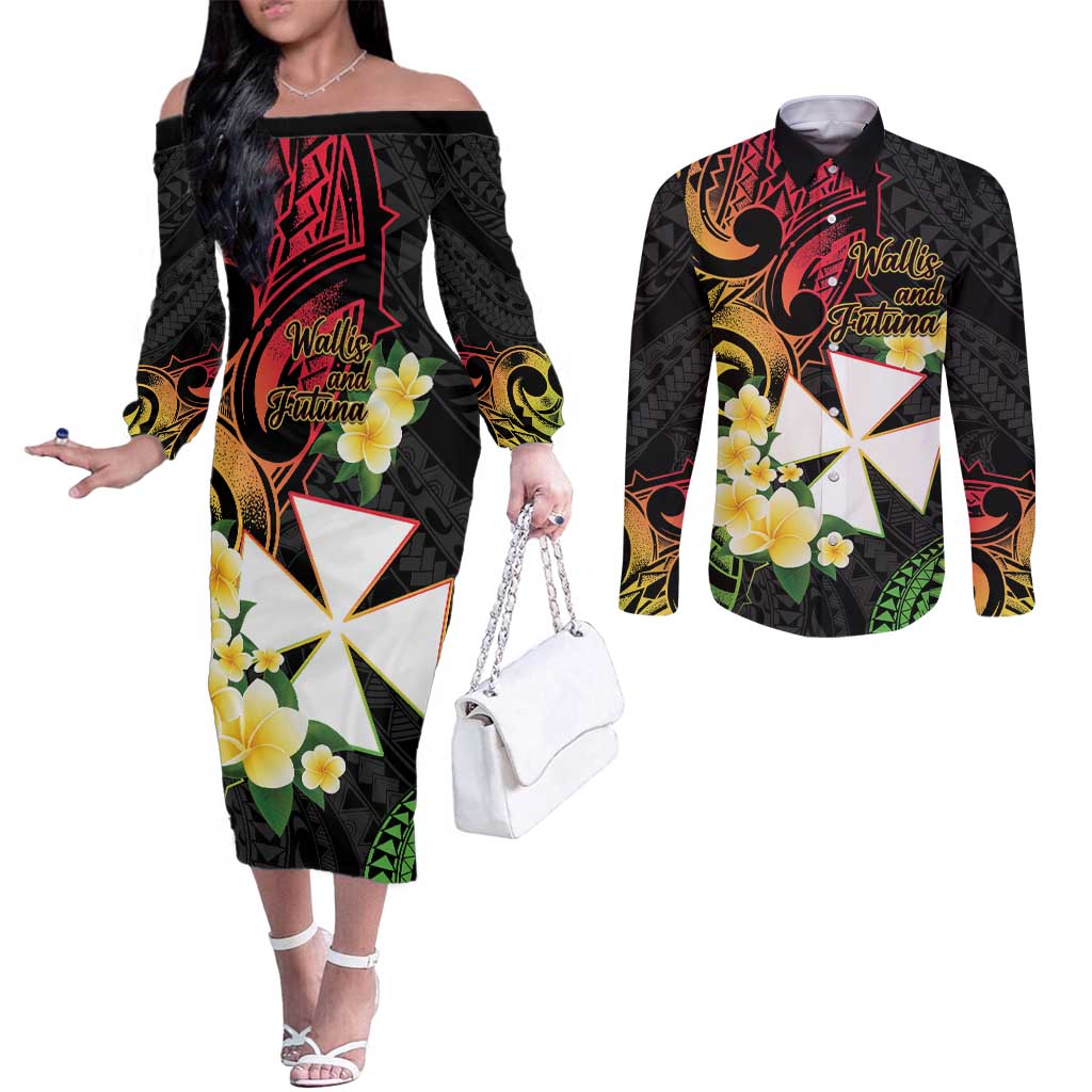 Wallis and Futuna Victory Day Couples Matching Off The Shoulder Long Sleeve Dress and Long Sleeve Button Shirt Liberty Equality Fraternity Polynesian Plumeria