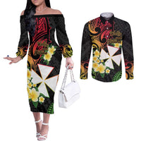 Wallis and Futuna Victory Day Couples Matching Off The Shoulder Long Sleeve Dress and Long Sleeve Button Shirt Liberty Equality Fraternity Polynesian Plumeria