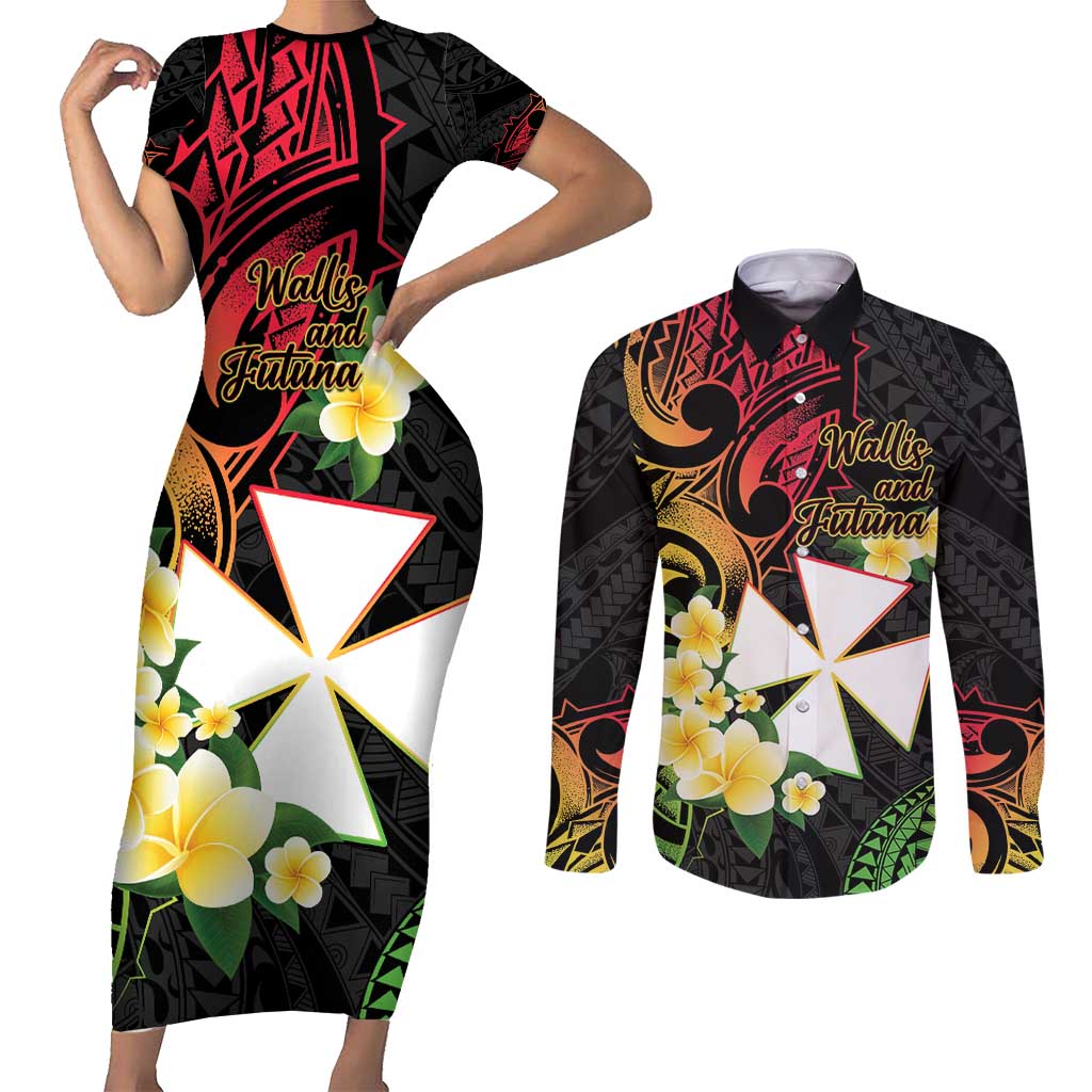 Wallis and Futuna Victory Day Couples Matching Short Sleeve Bodycon Dress and Long Sleeve Button Shirt Liberty Equality Fraternity Polynesian Plumeria