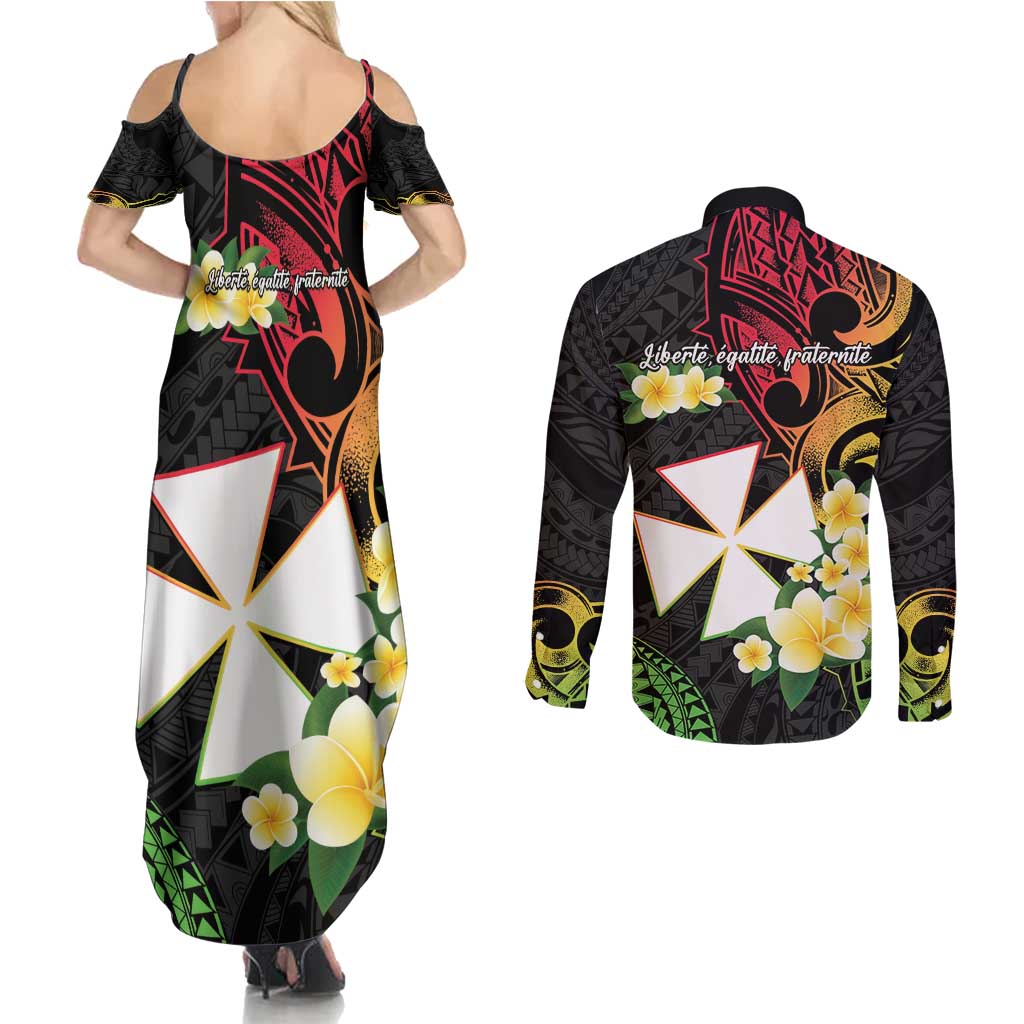 Wallis and Futuna Victory Day Couples Matching Summer Maxi Dress and Long Sleeve Button Shirt Liberty Equality Fraternity Polynesian Plumeria