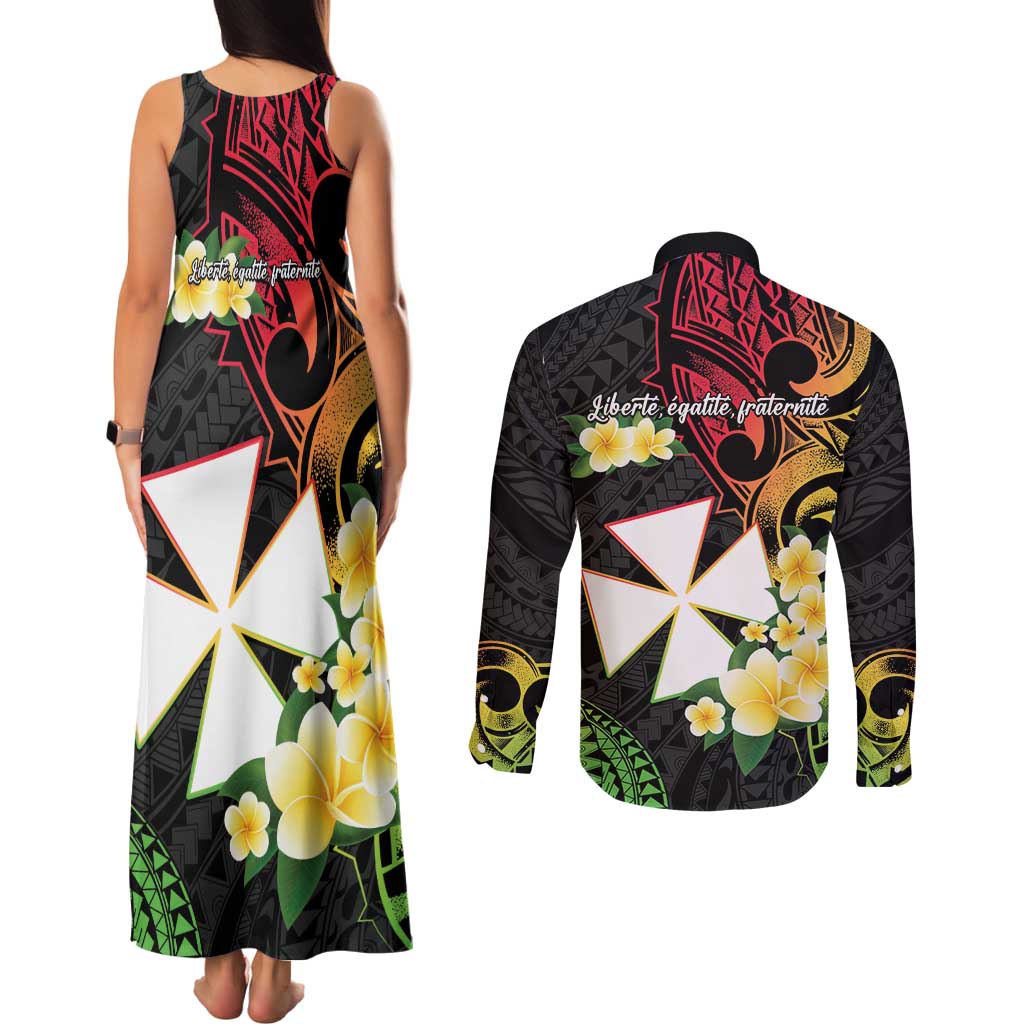 Wallis and Futuna Victory Day Couples Matching Tank Maxi Dress and Long Sleeve Button Shirt Liberty Equality Fraternity Polynesian Plumeria