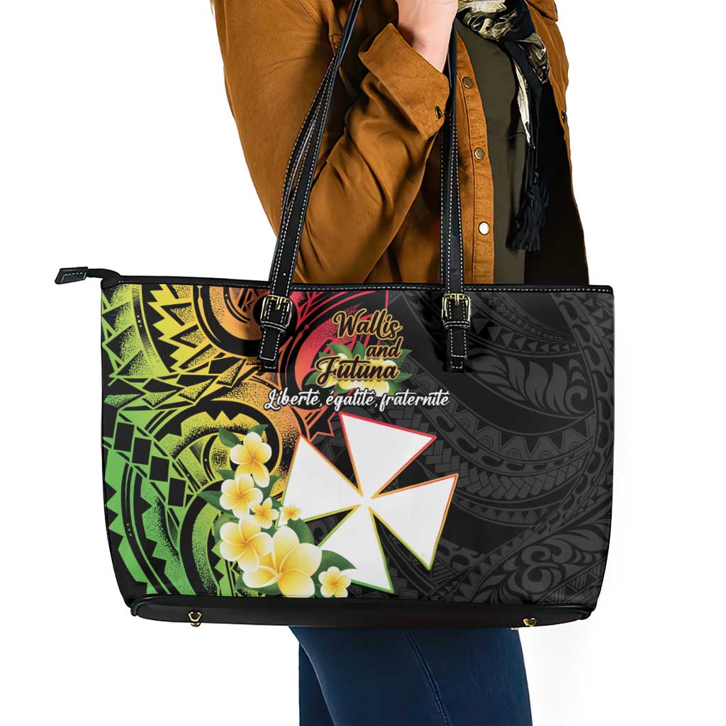 Wallis and Futuna Victory Day Leather Tote Bag Liberty Equality Fraternity Polynesian Plumeria