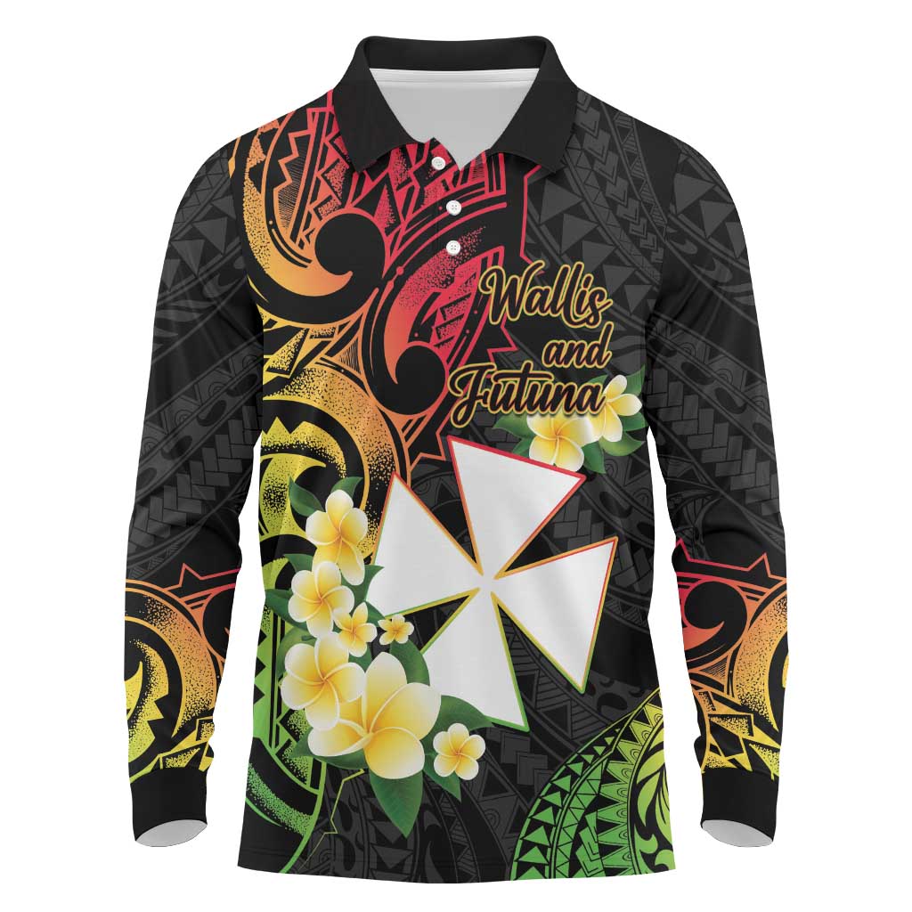 Wallis and Futuna Victory Day Long Sleeve Polo Shirt Liberty Equality Fraternity Polynesian Plumeria