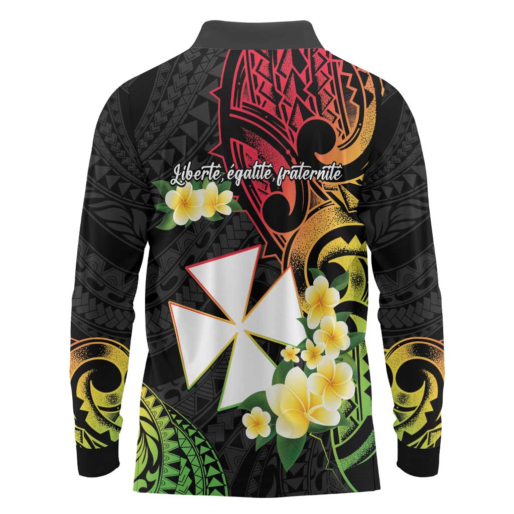 Wallis and Futuna Victory Day Long Sleeve Polo Shirt Liberty Equality Fraternity Polynesian Plumeria
