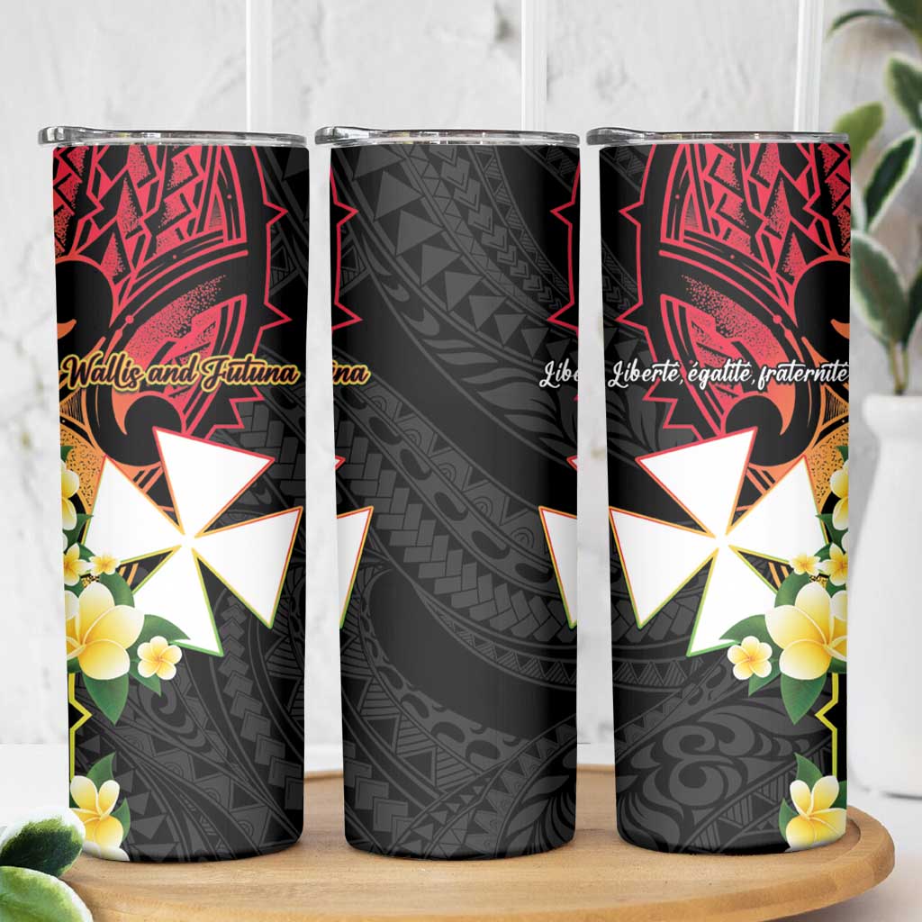Wallis and Futuna Victory Day Skinny Tumbler Liberty Equality Fraternity Polynesian Plumeria