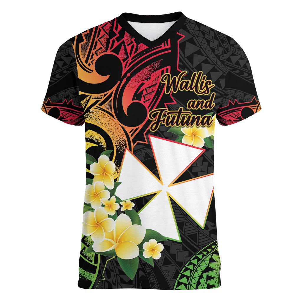 Wallis and Futuna Victory Day Women V-Neck T-Shirt Liberty Equality Fraternity Polynesian Plumeria