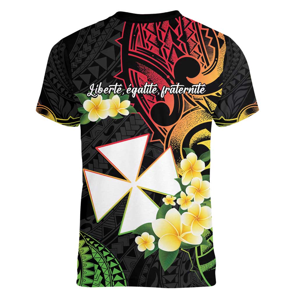 Wallis and Futuna Victory Day Women V-Neck T-Shirt Liberty Equality Fraternity Polynesian Plumeria