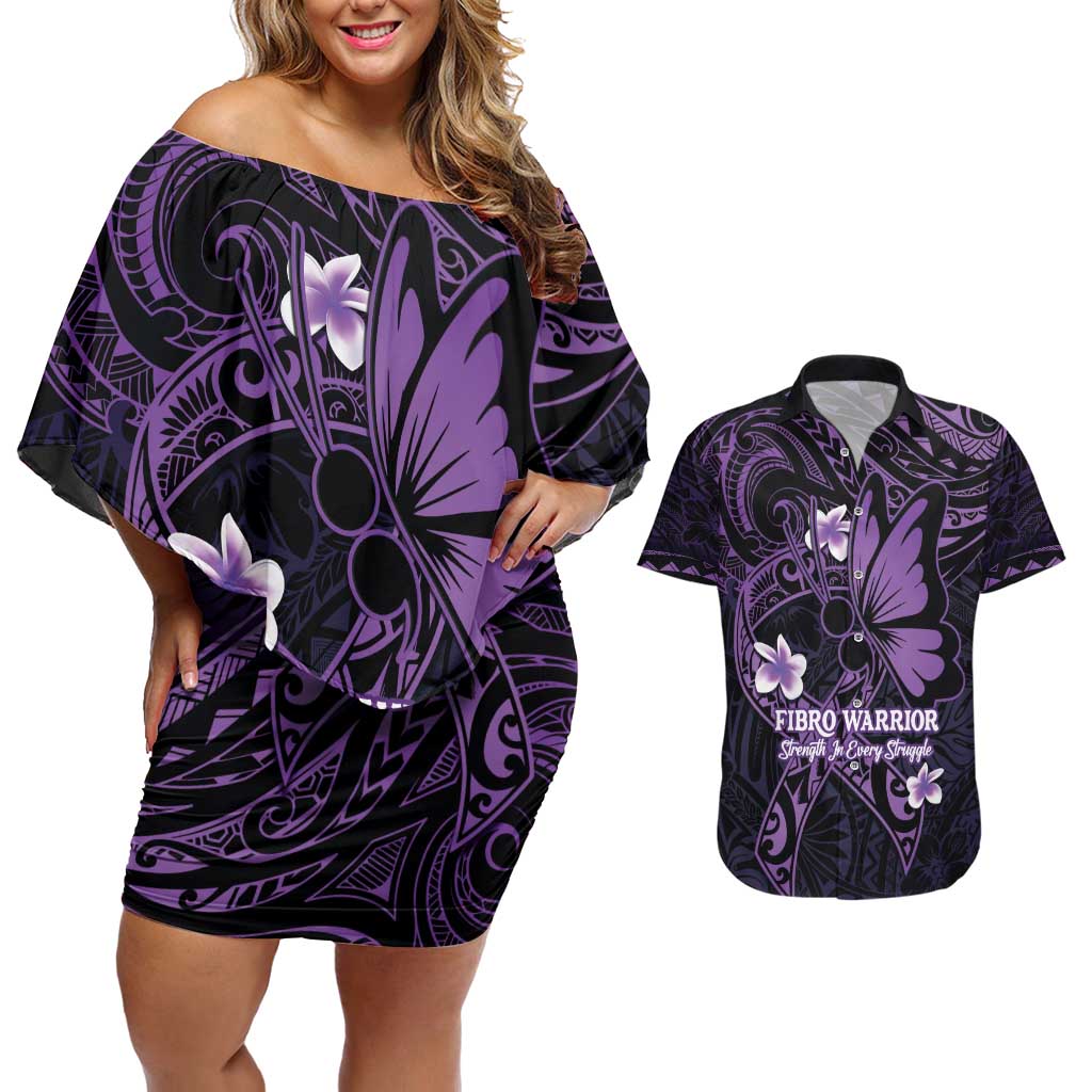 Personalised Fibromyalgia Awareness Month Couples Matching Off Shoulder Short Dress and Hawaiian Shirt Fibro Warrior Strength In Every Struggle