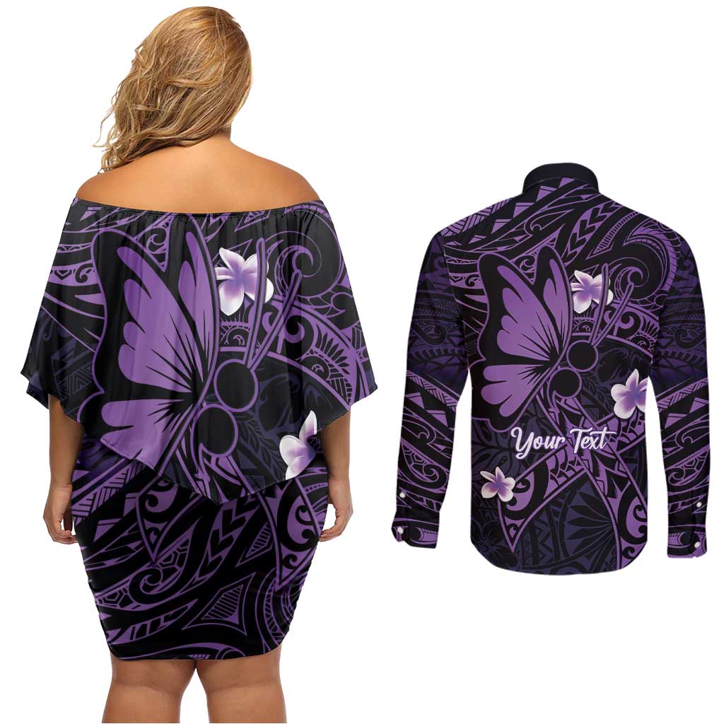 Personalised Fibromyalgia Awareness Month Couples Matching Off Shoulder Short Dress and Long Sleeve Button Shirt Fibro Warrior Strength In Every Struggle