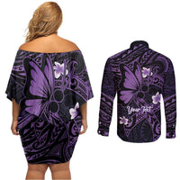 Personalised Fibromyalgia Awareness Month Couples Matching Off Shoulder Short Dress and Long Sleeve Button Shirt Fibro Warrior Strength In Every Struggle