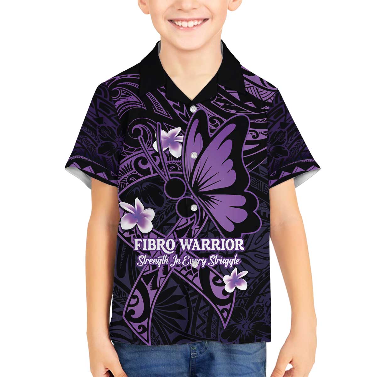 Personalised Fibromyalgia Awareness Month Family Matching Off The Shoulder Long Sleeve Dress and Hawaiian Shirt Fibro Warrior Strength In Every Struggle