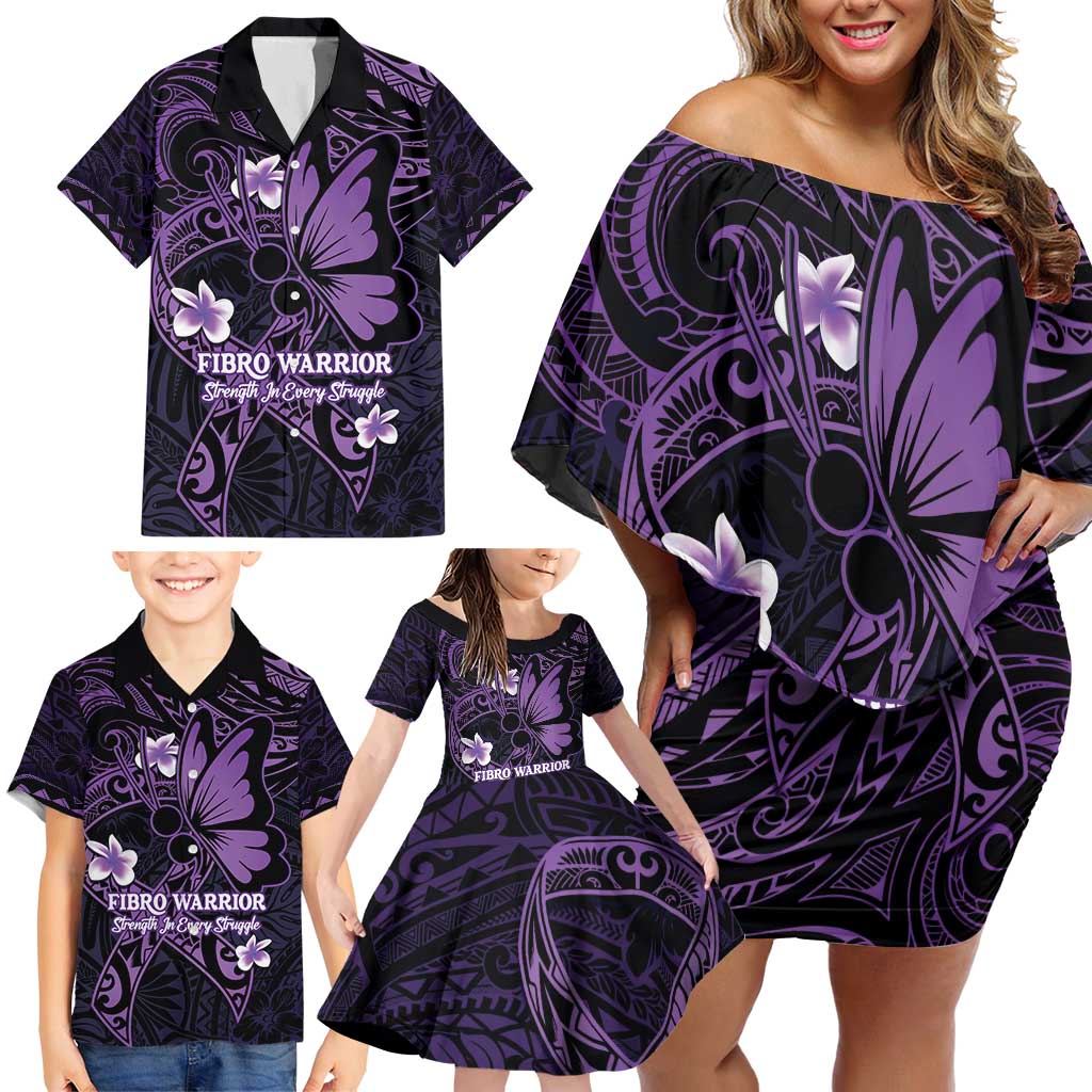 Personalised Fibromyalgia Awareness Month Family Matching Off Shoulder Short Dress and Hawaiian Shirt Fibro Warrior Strength In Every Struggle