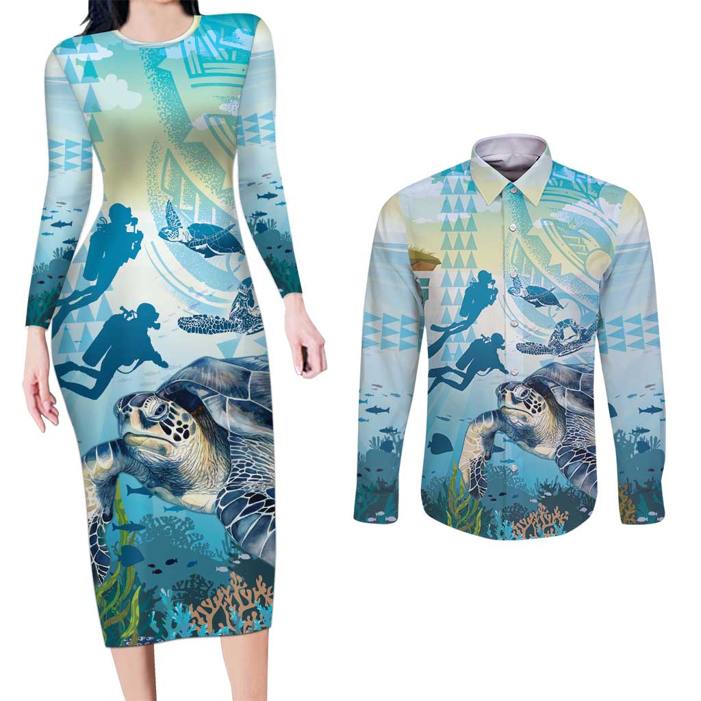 Personalized Snorkeling Hawaii Couples Matching Long Sleeve Bodycon Dress and Long Sleeve Button Shirt Ocean Lover Hawaiian Kakau Honu Turtle