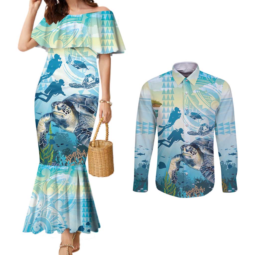 Personalized Snorkeling Hawaii Couples Matching Mermaid Dress and Long Sleeve Button Shirt Ocean Lover Hawaiian Kakau Honu Turtle