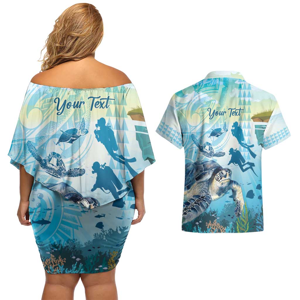 Personalized Snorkeling Hawaii Couples Matching Off Shoulder Short Dress and Hawaiian Shirt Ocean Lover Hawaiian Kakau Honu Turtle