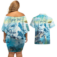 Personalized Snorkeling Hawaii Couples Matching Off Shoulder Short Dress and Hawaiian Shirt Ocean Lover Hawaiian Kakau Honu Turtle