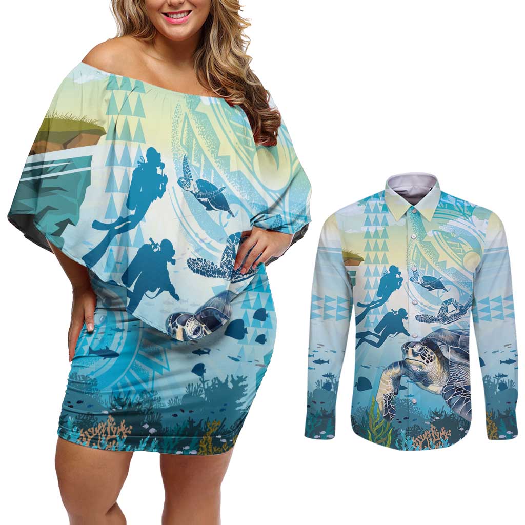 Personalized Snorkeling Hawaii Couples Matching Off Shoulder Short Dress and Long Sleeve Button Shirt Ocean Lover Hawaiian Kakau Honu Turtle