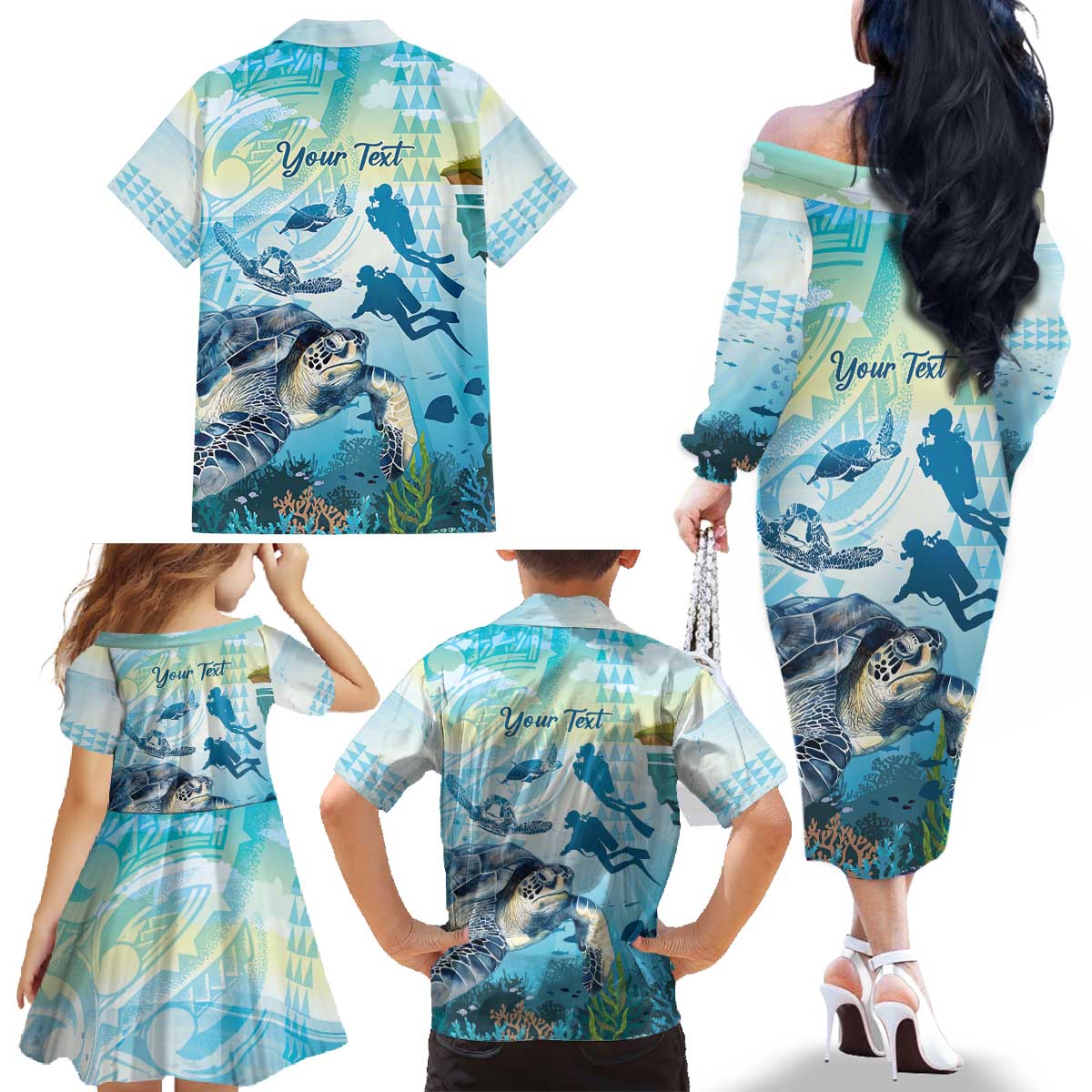 Personalized Snorkeling Hawaii Family Matching Off The Shoulder Long Sleeve Dress and Hawaiian Shirt Ocean Lover Hawaiian Kakau Honu Turtle
