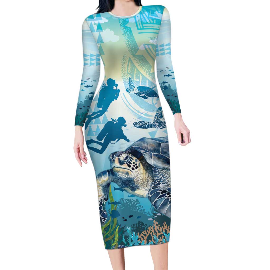 Personalized Snorkeling Hawaii Long Sleeve Bodycon Dress Ocean Lover Hawaiian Kakau Honu Turtle