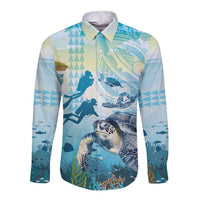 Personalized Snorkeling Hawaii Long Sleeve Button Shirt Ocean Lover Hawaiian Kakau Honu Turtle LT14 Unisex Cyan - Polynesian Pride