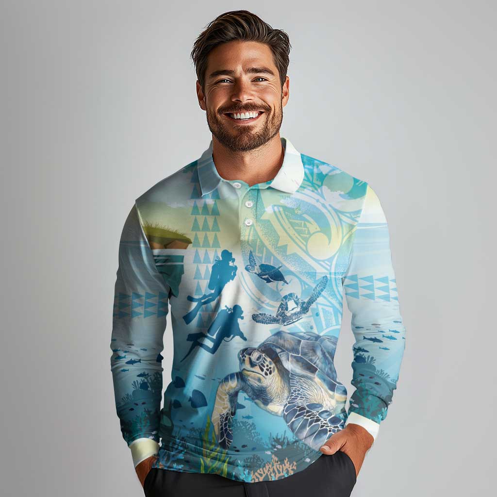 Personalized Snorkeling Hawaii Long Sleeve Polo Shirt Ocean Lover Hawaiian Kakau Honu Turtle