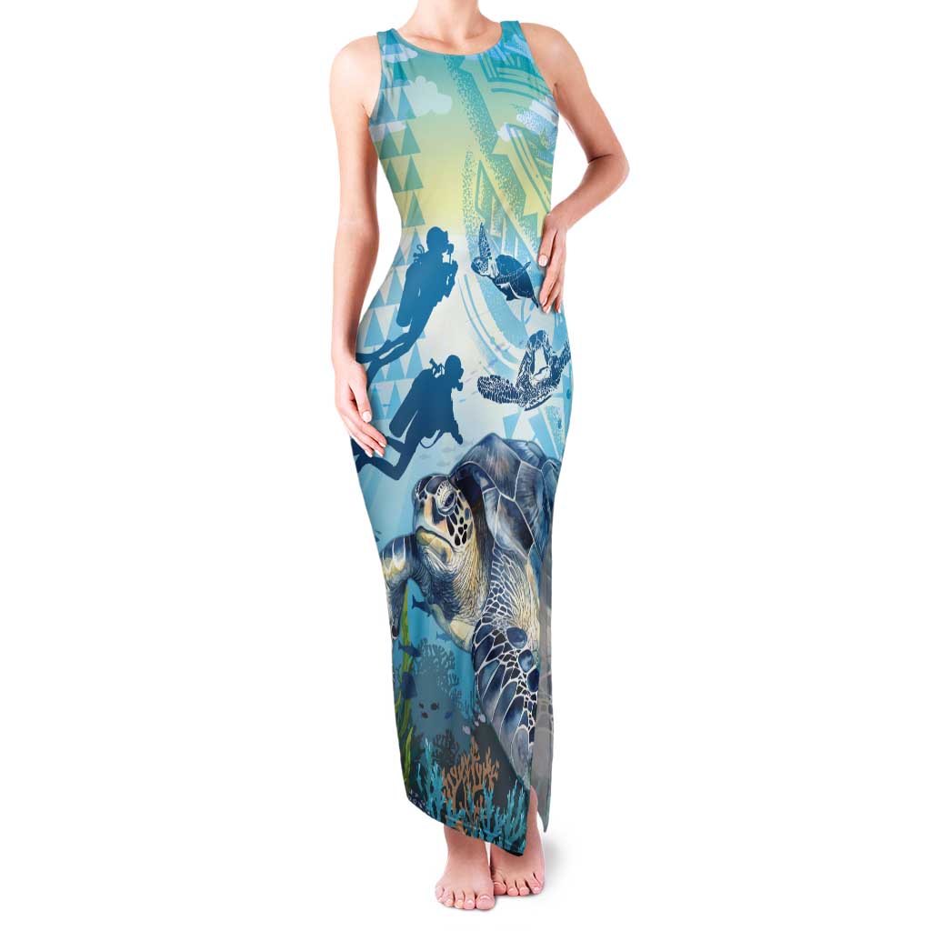 Personalized Snorkeling Hawaii Tank Maxi Dress Ocean Lover Hawaiian Kakau Honu Turtle LT14 Women Cyan - Polynesian Pride