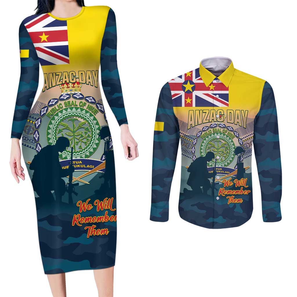 Niue ANZAC Day Couples Matching Long Sleeve Bodycon Dress and Long Sleeve Button Shirt We Will Remember Them Camouflage Style