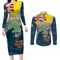 Niue ANZAC Day Couples Matching Long Sleeve Bodycon Dress and Long Sleeve Button Shirt We Will Remember Them Camouflage Style