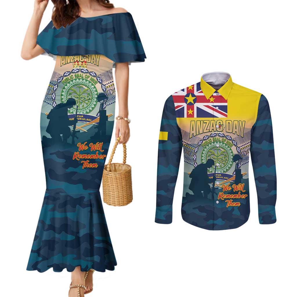 Niue ANZAC Day Couples Matching Mermaid Dress and Long Sleeve Button Shirt We Will Remember Them Camouflage Style