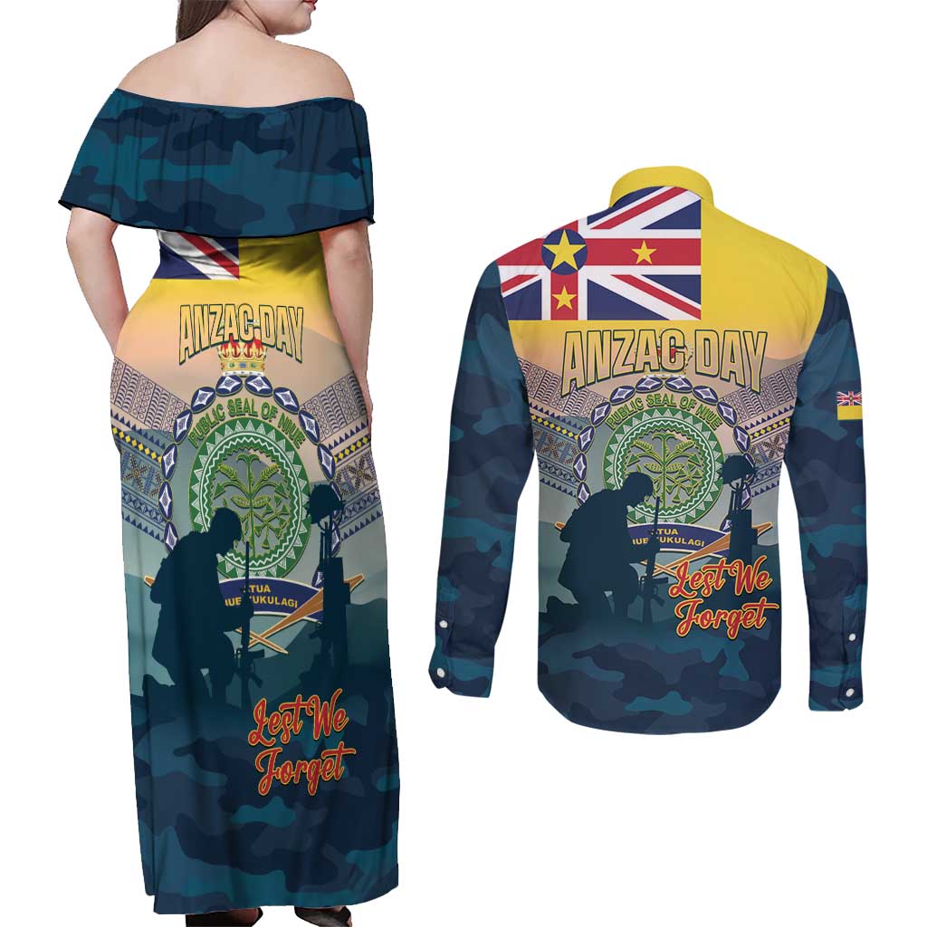 Niue ANZAC Day Couples Matching Off Shoulder Maxi Dress and Long Sleeve Button Shirt We Will Remember Them Camouflage Style