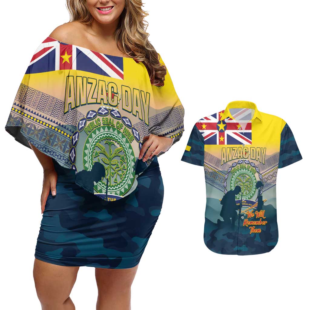 Niue ANZAC Day Couples Matching Off Shoulder Short Dress and Hawaiian Shirt We Will Remember Them Camouflage Style